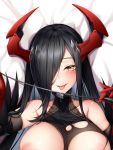 1girl areolae arm_warmers asymmetrical_bangs azur_lane bakugadou bangs bare_shoulders baton_(instrument) bed_sheet black_hair bodysuit breasts cleavage collar collarbone dakimakura feather_trim friedrich_der_grosse_(azur_lane) gloves hair_over_one_eye horn_ornament large_breasts long_hair looking_at_viewer lying on_back red_gloves saliva smile solo straight_hair taut_clothes tongue tongue_out torn_bodysuit torn_clothes turtleneck upper_body yellow_eyes 