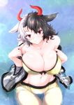  1girl absurdres animal_ears animal_print bangs bare_shoulders black_hair blush breasts cleavage collarbone commentary_request cow_ears cow_horns cow_print cowboy_shot erect_nipples eyebrows_visible_through_hair g_(desukingu) groin hair_between_eyes haori head_tilt highres horns huge_breasts japanese_clothes lens_flare long_sleeves looking_at_viewer multicolored_hair navel off_shoulder pants parted_lips red_eyes short_hair silver_hair sitting solo sports_bra stomach thighs touhou two-tone_hair ushizaki_urumi water wide_sleeves yellow_pants 