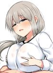  1girl bangs blue_eyes blush breast_squeeze breasts grey_hair hair_between_eyes hetero horosuke_(toot08) large_breasts long_hair long_sleeves milf open_mouth paizuri paizuri_under_clothes shirt side_ponytail sidelocks simple_background solo_focus uzaki-chan_wa_asobitai! uzaki_tsuki white_background white_shirt 