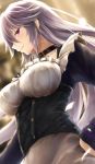  1girl bangs blurry blurry_background blush borrowed_character breasts choker collarbone corset dress expressionless framed_breasts frills hair_between_eyes hand_on_hip large_breasts long_hair long_sleeves looking_at_viewer original petals purple_eyes silver_hair solo suien tsurime upper_body 