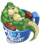  anthro crocodile crocodilian crocodylid cup food hi_res maldu male muscular muscular_male partially_submerged reptile scalie simple_background solo white_background 
