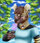  2019 5_fingers absurd_res african_wild_dog anthro black_nose blue_eyes blush brown_fur canid canine cheek_tuft claws clothed clothing cloud dessert detailed_background digital_media_(artwork) ear_piercing ear_ring eating eyebrows facial_markings food front_view fully_clothed fur furrypur hair happy hi_res holding_object ice_cream licking male mammal markings multicolored_fur multicolored_hair outside piercing shirt sky smile solo spots standing three-quarter_view tongue tongue_out topwear tree tuft yellow_sclera 