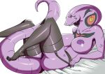  2019 anthro arbok big_breasts breasts clothed clothing digital_media_(artwork) female legwear looking_at_viewer mcfli nintendo nipples pok&eacute;mon pok&eacute;mon_(species) pok&eacute;morph reptile scalie simple_background smile solo stockings sweat thigh_highs video_games 