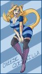  2018 absolute_territory anthro big_breasts blonde_hair blue_eyes breasts cheese_quesadilla chest_tuft clothed clothing domestic_cat felid feline felis female footwear hair high_heels kdhynamo legwear long_hair looking_at_viewer mammal on_one_leg open_mouth pattern_background pinup pose shoes simple_background solo standing striped_background thigh_highs tuft wide_hips 