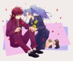  1boy 1girl blue_hair blue_serafuku blue_shirt blue_skirt blush botan_(yuu_yuu_hakusho) breasts closed_mouth commentary_request hetero kurama long_hair ponytail purple_eyes school_uniform shirt skirt smile yuu_yuu_hakusho 