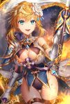  1girl :d aqua_eyes armor blonde_hair breasts brown_leotard cape cleavage commentary_request cowboy_shot fire fringe_trim gauntlets hair_ornament holding holding_weapon kamuinii large_breasts leotard looking_at_viewer open_mouth original polearm short_hair shoulder_armor single_spaulder smile solo standing thigh_strap thighs weapon 
