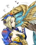  &lt;3 4:5 ambiguous_gender blonde_hair blue_clothing blue_scales blush breasts brown_scales capcom claws cleavage clothed clothing eyes_closed fanged_wyvern female feral fur hair hand_on_breast headgear horn human hyackban light_skin mammal monster_hunter multicolored_scales nuzzling one_eye_closed open_mouth pink_tongue red_eyes scales scalie sharp_teeth shoulder_guards simple_background size_difference teeth tongue video_games white_background white_fur yellow_clothing yellow_scales zinogre 