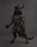  2017 abs anthro atenebris biped black_claws black_eyes black_fur black_hair black_hooves black_horn black_tail bovid bovine claws clothed clothing digital_media_(artwork) european_mythology front_view full-length_portrait fur greek_mythology grey_background hair hi_res hooves horn loincloth long_hair male mammal minotaur muscular muscular_male mythology pecs portrait sheathed_weapon simple_background solo standing tail_tuft tuft 
