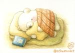  artist_name bear black_eyes blanket blush book holding holding_pillow lying mattress no_humans on_side original pillow pillow_hug polar_bear signature sleeping st.kuma twitter_username 