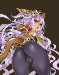  1girl asanagi ass bangs bare_shoulders blush bodysuit breastplate cameltoe covered_clitoris cowboy_shot elbow_gloves fang from_below gauntlets gloves granblue_fantasy hair_between_eyes hand_on_own_ass headgear headpiece highres lavender_hair long_hair looking_at_viewer looking_back medusa_(shingeki_no_bahamut) open_mouth pointy_ears red_eyes red_gloves sidelocks simple_background solo tail thighs very_long_hair 