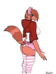  2019 3:4 anthro big_breasts bottomwear breasts butt canid canine canis clothed clothing digital_media_(artwork) female fur hair hi_res hood legwear looking_at_viewer mammal nipples ownychan panties simple_background skirt solo solo_focus standing stockings underwear 