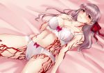  1girl bangs bare_shoulders blush bra breasts cleavage collarbone dark_persona dark_sakura fate/stay_night fate_(series) hair_ribbon heaven&#039;s_feel large_breasts lavender_hair long_hair looking_at_viewer lying matou_sakura navel on_back panties red_eyes ribbon shumiao solo thighs underwear white_bra white_panties 