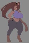  big_breasts breasts brown_fur brown_hair clothing felid feline female fur hair mammal pants shirt solo thick_thighs topwear vammzu wide_hips 