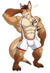  abs absurd_res bulge full-length_portrait hi_res macropod maldu male mammal marsupial muscular muscular_male navel nipples pecs portrait simple_background solo tattoo white_background wrestling_singlet 