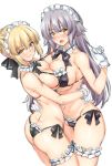  2girls arm_garter artoria_pendragon_(all) ass bangs bare_shoulders bikini black_bikini black_ribbon blonde_hair blush breast_press breasts cleavage closed_mouth collarbone fate/grand_order fate/stay_night fate_(series) gloves hair_between_eyes hair_ribbon highres hug jeanne_d&#039;arc_(alter)_(fate) jeanne_d&#039;arc_(fate)_(all) large_breasts leg_garter long_hair looking_at_viewer maid_headdress medium_breasts multiple_girls navel neck_ribbon open_mouth ribbon saber_alter shirokuma_a silver_hair simple_background smile swimsuit thighs white_background white_gloves yellow_eyes 