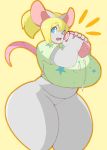  big_breasts blonde_hair blue_eyes bottomless breasts clothed clothing female fur grey_fur hair hi_res huge_breasts mammal mouse murid murine rodent shirt slightly_chubby solo thick_thighs topwear vammzu wide_hips 