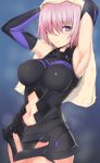  1girl armor armored_dress armpits arms_up bare_shoulders black_dress blush breasts closed_mouth cowboy_shot dress fate/grand_order fate_(series) hair_over_one_eye lavender_hair looking_at_viewer mash_kyrielight medium_breasts navel nigane purple_eyes short_hair solo stomach sweat towel 
