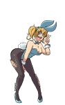  2017 alpha_channel animal_humanoid blue_eyes breasts bunny_costume cassandra_(repeatedmeme_42) clothing costume fake_ears female footwear gesture high_heels humanoid kdhynamo lagomorph lagomorph_humanoid legwear leporid_humanoid looking_at_viewer mammal open_mouth pantyhose pigtails rabbit_humanoid shoes simple_background smile solo torn_clothing transformation transparent_background v_sign 
