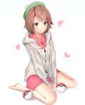  1girl bangs between_legs brown_hair collared_shirt creatures_(company) female_protagonist_(pokemon_swsh) game_freak green_headwear grey_cardigan hand_between_legs heart hood hood_down hooded_cardigan kuro_tsu_962 miniskirt nintendo pink_shirt pink_skirt poke_ball pokemon pokemon_(game) pokemon_swsh shirt short_hair simple_background sitting skirt smile solo swept_bangs wariza white_background wing_collar yellow_eyes 