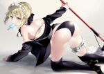  1girl all_fours apron artoria_pendragon_(all) artoria_pendragon_(swimsuit_rider_alter) ass bangs bikini black_bikini black_footwear black_legwear blonde_hair blush braid breasts detached_collar eyebrows_visible_through_hair fate/grand_order fate_(series) food frills high_heels jacket looking_at_viewer maid maid_bikini maid_headdress mary_janes medium_breasts mouth_hold neko-san_(dim.dream) open_clothes popsicle ribbon saber_alter shoes shoulder_blades solo swimsuit thighhighs tsurime v-shaped_eyebrows wet yellow_eyes 