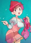  1girl anger_vein blue_background dress female kumatora kuroi_moyamoya mother_(game) mother_(series) mother_3 nintendo open_mouth pink_hair pointing puffy_sleeves short_hair simple_background solo tomboy 