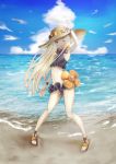  1girl ;d abigail_williams_(fate/grand_order) arm_up armpits beach bikini blonde_hair blue_eyes blue_sky bow breasts cloud day fate/grand_order fate_(series) full_body grey_bikini hat hat_bow long_hair looking_at_viewer maya_komaki navel ocean one_eye_closed open_mouth outdoors purple_bow sky small_breasts smile solo standing sun_hat swimsuit very_long_hair wristband yellow_bow yellow_headwear 