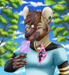  2019 5_fingers absurd_res african_wild_dog anthro black_nose blue_eyes blush brown_fur canid canine canis cheek_tuft claws clothed clothing cloud dessert detailed_background digital_media_(artwork) duo ear_piercing ear_ring eating esophagus eyebrows facial_markings food front_view fully_clothed fur furrypur hair half-closed_eyes happy hi_res holding_object ice_cream internal larger_pred licking macro male male_pred male_prey mammal markings micro multicolored_fur multicolored_hair oral_vore outside piercing shirt size_difference sky smaller_prey smile soft_vore spots standing swallowing three-quarter_view tongue tongue_out topwear tree tuft vore wolf yellow_sclera 