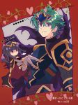  1boy 1girl alm_(fire_emblem) armor bangle bangs black_hair blunt_bangs bodystocking bodysuit book bracelet bridal_gauntlets cape chibi circlet covered_navel fire_emblem fire_emblem:_kakusei fire_emblem_echoes:_mou_hitori_no_eiyuuou fire_emblem_heroes gloves green_eyes green_hair hair_ornament headband highres jewelry kiriya_(552260) long_hair looking_at_viewer magic nintendo short_hair simple_background skin_tight smile tharja tiara two_side_up 