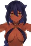  1girl :3 armpits backlighting bangs bare_shoulders black_hair braid breasts closed_mouth commentary_request dark_skin eyebrows_visible_through_hair hair_between_eyes hair_flaps halterneck highres jahy jahy_sama_wa_kujikenai konbu_wakame large_breasts long_hair looking_at_viewer o-ring o-ring_top revealing_clothes simple_background single_braid slit_pupils smile smug solo upper_body very_long_hair white_background yellow_eyes 