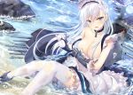  1girl apron azur_lane bangs beach belfast_(azur_lane) blue_eyes braid breasts bubble chain_necklace cleavage collar collarbone corset eyebrows_visible_through_hair french_braid frilled_apron frilled_gloves frills gauntlets gloves hair_between_eyes large_breasts long_hair looking_at_viewer machinery maid maid_apron maid_headdress ocean open_mouth side_braid sitting smoke solo stone thighhighs torn_clothes torn_legwear turret waist_apron white_apron white_hair white_legwear yano_mitsuki 