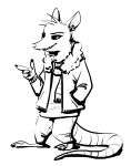  2018 ambiguous_gender anthro barefoot black_and_white clothed clothing didelphid ear_piercing ear_ring finger_gun fuel_(artist) gesture half-closed_eyes hand_in_pocket head_tuft mammal marsupial monochrome open_jacket piercing pockets scarf simple_background smile solo standing white_background 