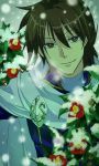  1boy brown_eyes brown_hair cape densetsu_no_yuusha_no_densetsu eyebrows_visible_through_hair flower hair_between_eyes highres jamu_(runtatta) looking_at_viewer male_focus red_flower ryner_lute shiny shiny_hair short_hair smile snow snowing solo uniform white_cape 