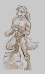  abs anthro athletic athletic_tape bandage biceps bracelet bulge canid canine canis clothing digital_media_(artwork) digitigrade holding_object jewelry loincloth male mammal marsonaut muscular muscular_male pecs ponytail pubes sketch smile standing underwear wolf 