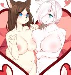  2girls absurdres blue_eyes breasts brown_hair denyfake furry highres multiple_girls nipples short_hair teal_eyes white_hair 