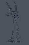  2018 antelope anthro balls bedroom_eyes blue_theme blush bovid breath erection facial_markings fuel_(artist) fuel_(character) gazelle grey_background half-closed_eyes horn kneeling looking_at_viewer male mammal markings monochrome nude seductive simple_background solo 