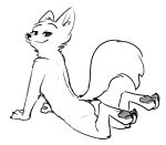  2019 anthro arm_support butt canid canine cheek_tuft claws crossgender disney fox fuel_(artist) greyscale half-closed_eyes head_tuft hi_res legs_up looking_at_viewer male mammal monochrome neck_tuft nude pawpads shoulder_tuft simple_background skye_(zootopia) solo toe_claws tuft white_background zootopia 