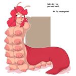  1:1 2019 absurd_res alpha_channel antennae_(anatomy) armless blush boobipede breasts dialogue female gastropod hair hi_res humanoid_face implied_transformation long_hair mollusk multi_breast nipples nude red_eyes red_hair ruby_(unidentified-tf) simple_background slug solo surprise transparent_background unidentified-tf unseen_character what 