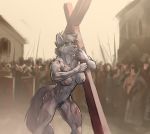  abs anthro biceps blood breasts canid canine carrying cross crucifixion determination female generic_species hadalmartian humiliation imminent_death mammal muscular muscular_female nude pubes public public_nudity sweat whip_marks whipping wounded 