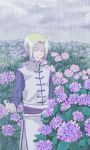  1boy blonde_hair cloud cloudy_sky densetsu_no_yuusha_no_densetsu eyes_closed flower highres hydrangea jamu_(runtatta) long_sleeves lucile_eris male_focus outdoors purple_flower rain short_hair sky solo 