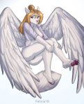  anthro bottomless breasts canid canine clothed clothing feathered_wings feathers felicia_cat female hi_res mammal nipples open_shirt pussy solo wings 