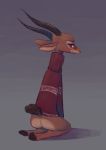  2018 ambiguous_gender antelope anthro barefoot blush bottomless bovid brown_background butt clothed clothing facial_markings fuel_(artist) fuel_(character) gazelle gradient_background half-closed_eyes horn kneeling looking_at_viewer looking_back mammal markings rear_view simple_background solo sweater topwear 