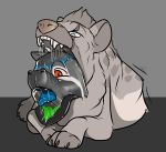  2018 abdominal_bulge abstract_background akudrache ambiguous_gender ambiguous_pred ambiguous_prey black_tongue blue_eyes blue_tongue duo feral feral_pred fur grey_background grey_fur head_in_mouth hyaenid mammal motion_lines open_mouth oral_vore red_eyes saliva same_size_vore simple_background spotted_hyena teeth tongue vore 