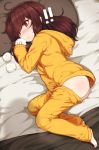  !! 1girl ahoge ass bangs barefoot blush brown_eyes brown_hair eyebrows_visible_through_hair highres hood hood_down implied_masturbation long_hair long_sleeves looking_at_viewer lying null_(nyanpyoun) on_side original pajamas pants_pull parted_lips pillow solo used_tissue 