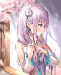  1girl absurdres ale_nqki bangs bare_shoulders blunt_bangs blush braid braiding_hair breasts cleavage commentary_request detached_sleeves dress emilia_(re:zero) flower french_braid gem hair_flower hair_ornament hair_ribbon hair_tie_in_mouth hairdressing highres holding holding_hair lavender_hair long_hair low-tied_long_hair medium_breasts mouth_hold pointy_ears purple_eyes purple_ribbon re:zero_kara_hajimeru_isekai_seikatsu ribbon rose silver_hair solo white_flower white_rose x_hair_ornament 