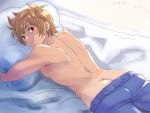  10s 1boy @@@ ass bed bed_sheet blanket blush boxers brown_hair butt_crack gran_(granblue_fantasy) granblue_fantasy male_focus muscle navel open_mouth pillow solo sweat tank_top underwear 