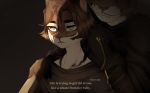  2019 5_fingers ambiguous_gender anthro blue_eyes brown_hair clothed clothing digital_media_(artwork) duo english_text eyebrows felid feline hair kristiana_puff leopardus male mammal ocelot text 