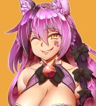  1girl animal_ears bell black_hair blush bow breasts cat_ears cheshire_cat_(monster_girl_encyclopedia) elakan eyebrows_visible_through_hair facial_tattoo grin hair_between_eyes hair_bow highres large_breasts long_hair looking_at_viewer monster_girl monster_girl_encyclopedia multicolored_hair one_eye_closed orange_background purple_hair purple_theme simple_background slit_pupils smile solo tattoo troll_face upper_body yellow_eyes 