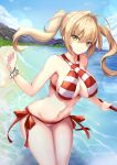  1girl ahoge beach bikini blonde_hair blue_sky blush bracelet breasts cleavage cloud criss-cross_halter earrings eyebrows_visible_through_hair fate/grand_order fate_(series) green_eyes hair_intakes halterneck highres holding holding_weapon jewelry large_breasts long_hair looking_at_viewer navel nero_claudius_(fate) nero_claudius_(fate)_(all) nero_claudius_(swimsuit_caster)_(fate) ocean outdoors sand side-tie_bikini sky smile solo striped striped_bikini swimsuit taka-kun twintails weapon 