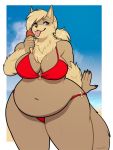  2019 3:4 alpha_channel anthro beach bikini blonde_hair breasts canid canine clothing dessert female food hair hi_res ice_cream mammal outside overweight overweight_female porin seaside smile solo standing swimwear tongue tongue_out 