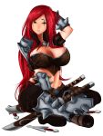  1girl absurdres akira_toshine areola_slip areolae arm_between_legs arm_up boots dagger eyebrows green_eyes hand_in_hair highres indian_style katarina_du_couteau league_of_legends looking_at_viewer midriff navel pants parted_lips red_hair scar scar_across_eye shoulder_armor sitting solo sword teeth weapon 